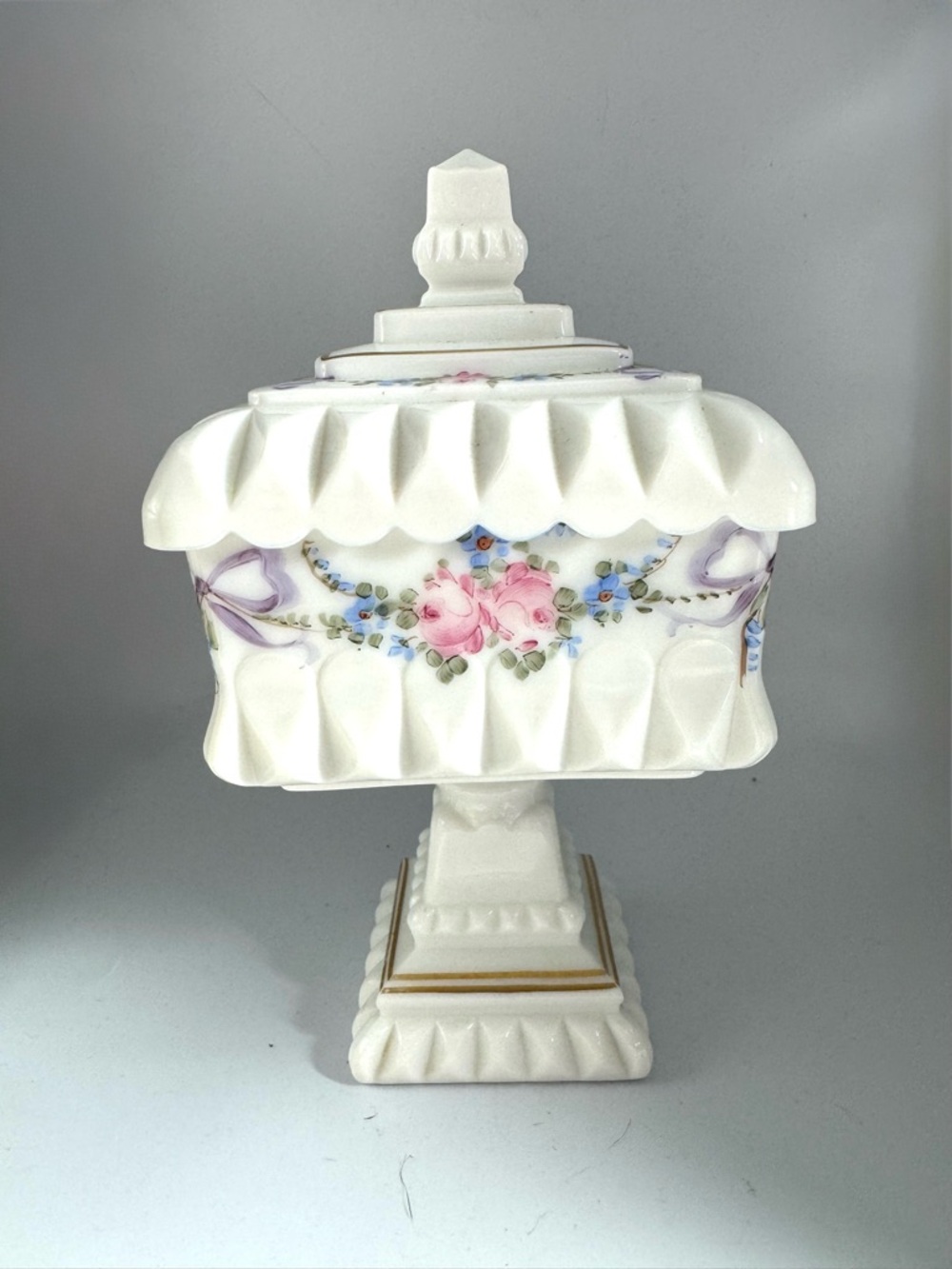 Westmoreland White Milk Glass Compote with Pink Rose and Purple Ribbon Accents